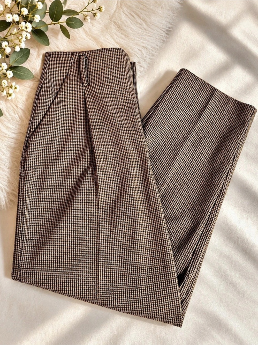 Zara Brown Houndstooth High Waisted Trousers Pants Size M
